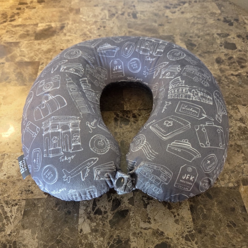 Bon Voyage travel neck pillow cushion snap closure Gray White plane ship luggage